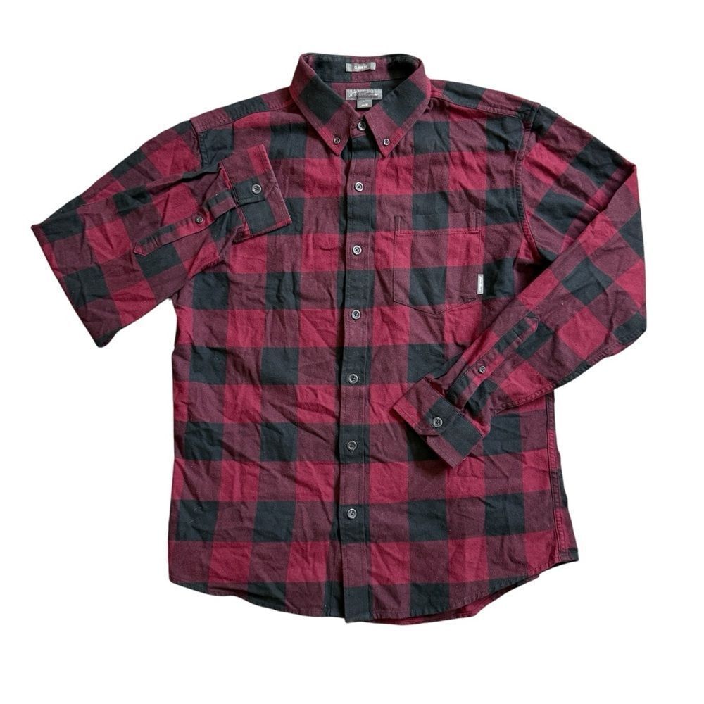 Eddie Bauer Plaid Flannel Button Up Shirt Medium Maroon Black